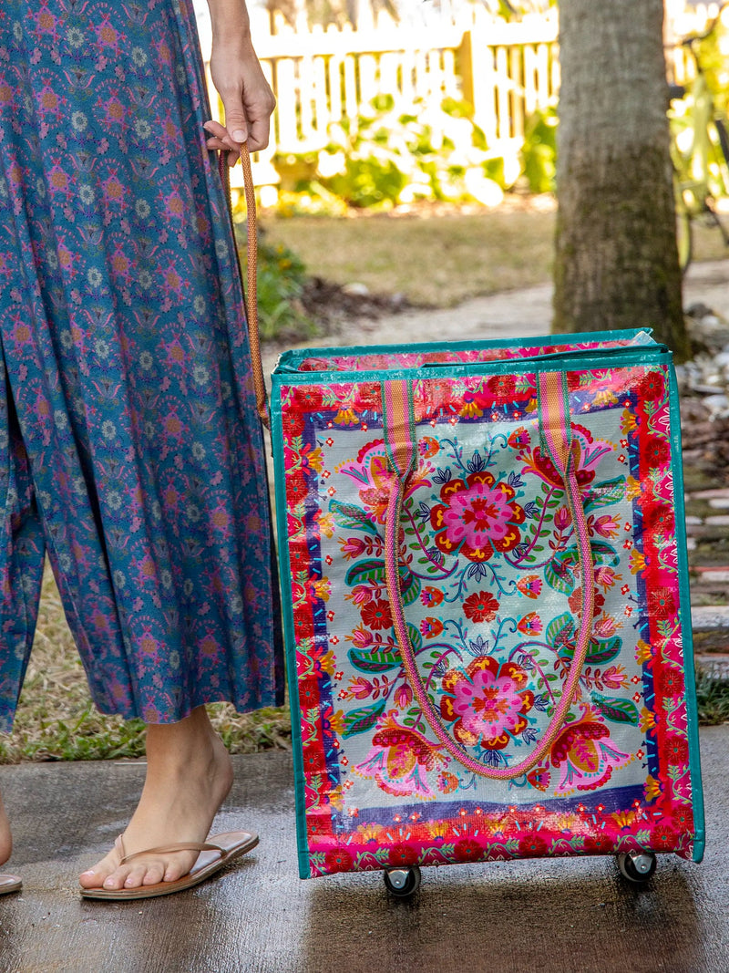 Natural Life Rolling Tote Bag - Red Folk Flower