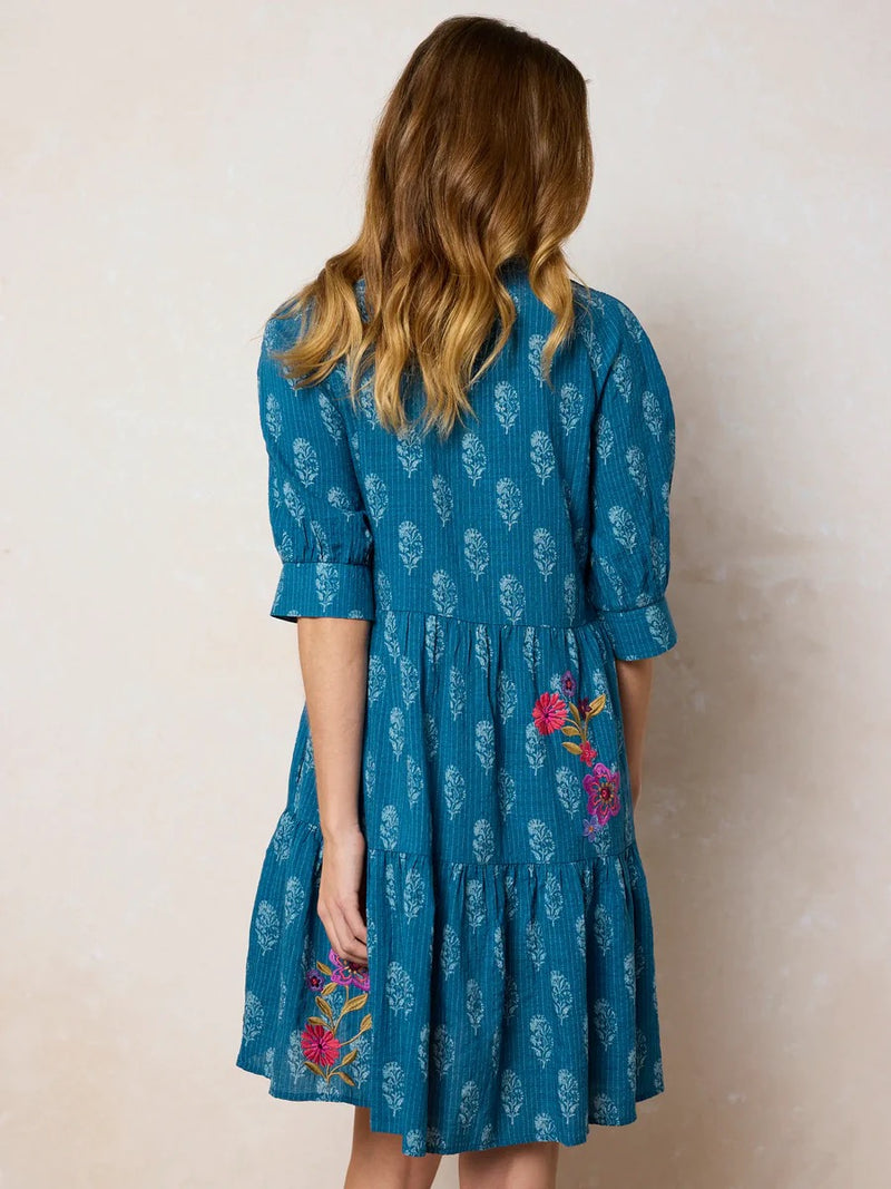 Natural Life Becca Embroidered Mini Dress - Block Stamp Indigo