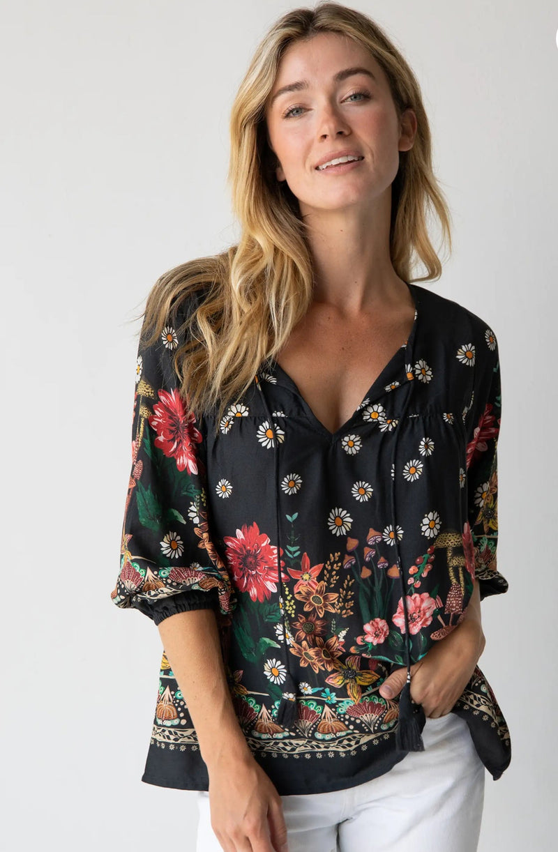 Natural Life Maribel Top - Black Floral Mushroom