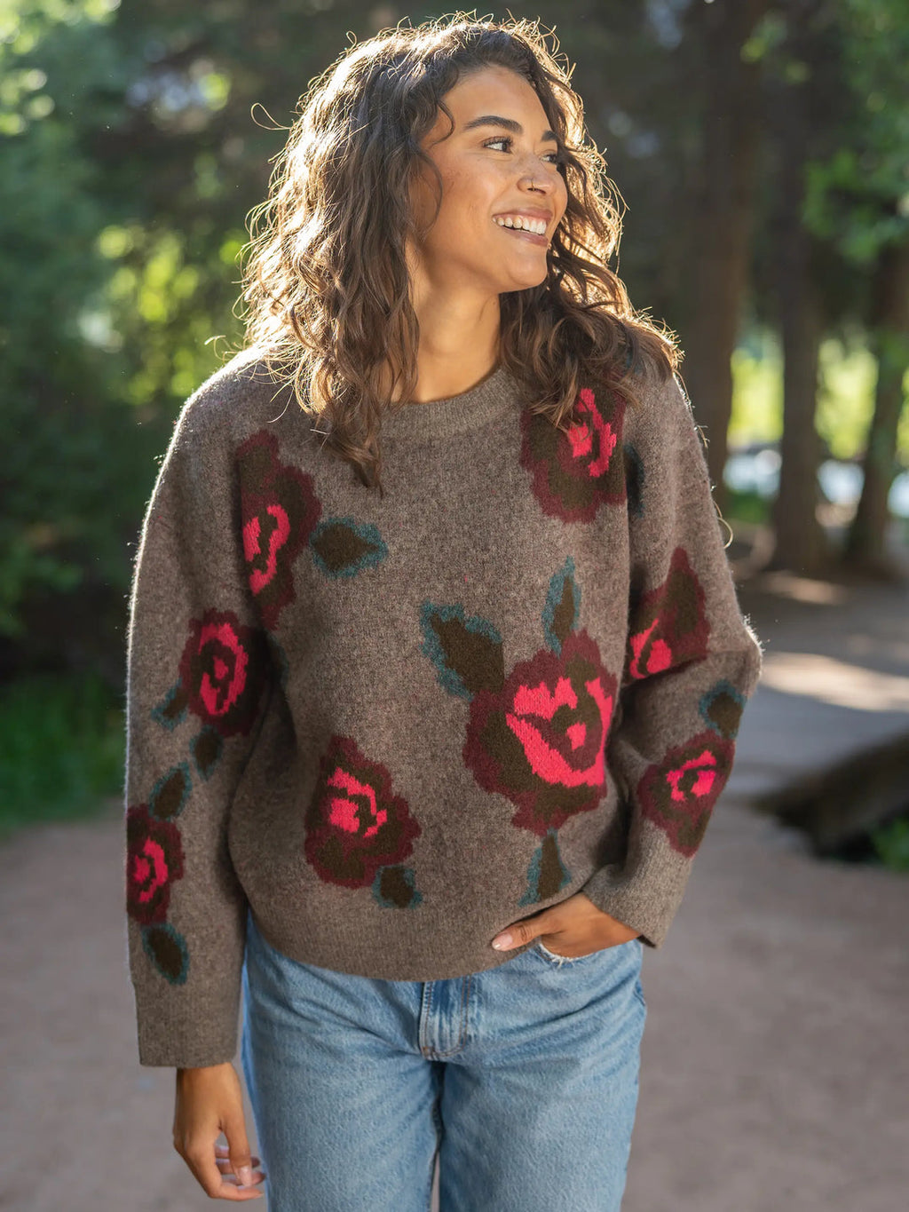 Natural Life Rosie Jacquard Pullover Sweater - Stone Grey Rose