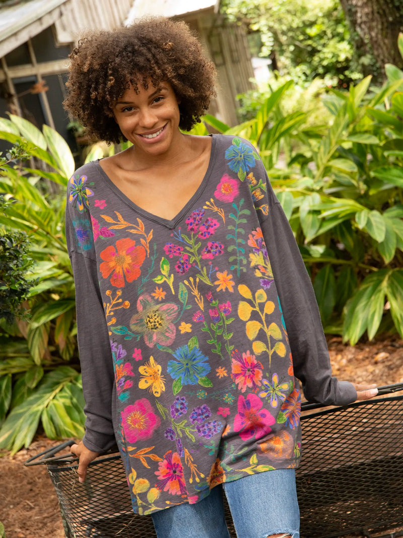 Natural Life One Size Cotton Long Sleeve Easy V-Neck Tee - Charcoal Floral