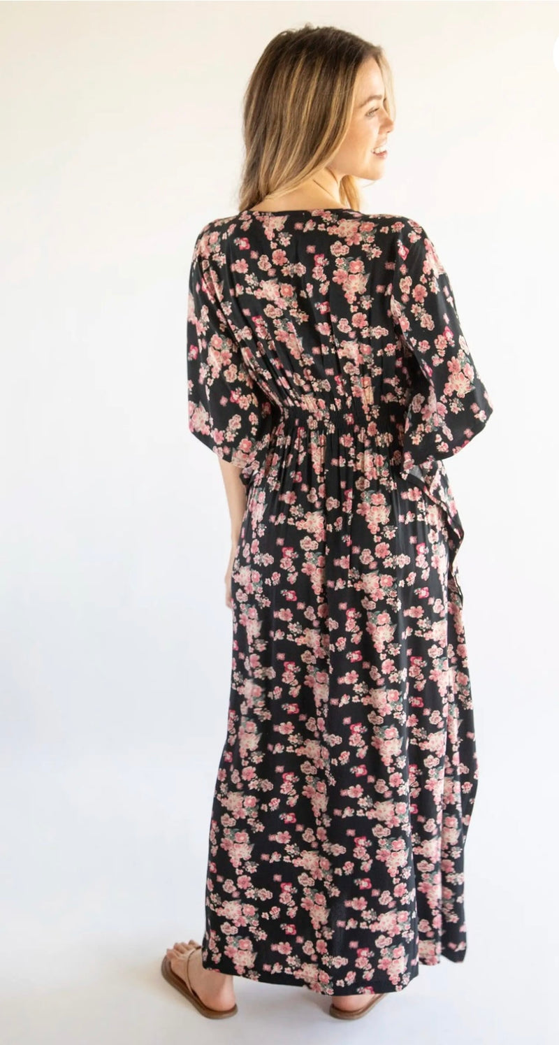 Natural Life Sanibel Kaftan Dress - Black Light Pink Floral