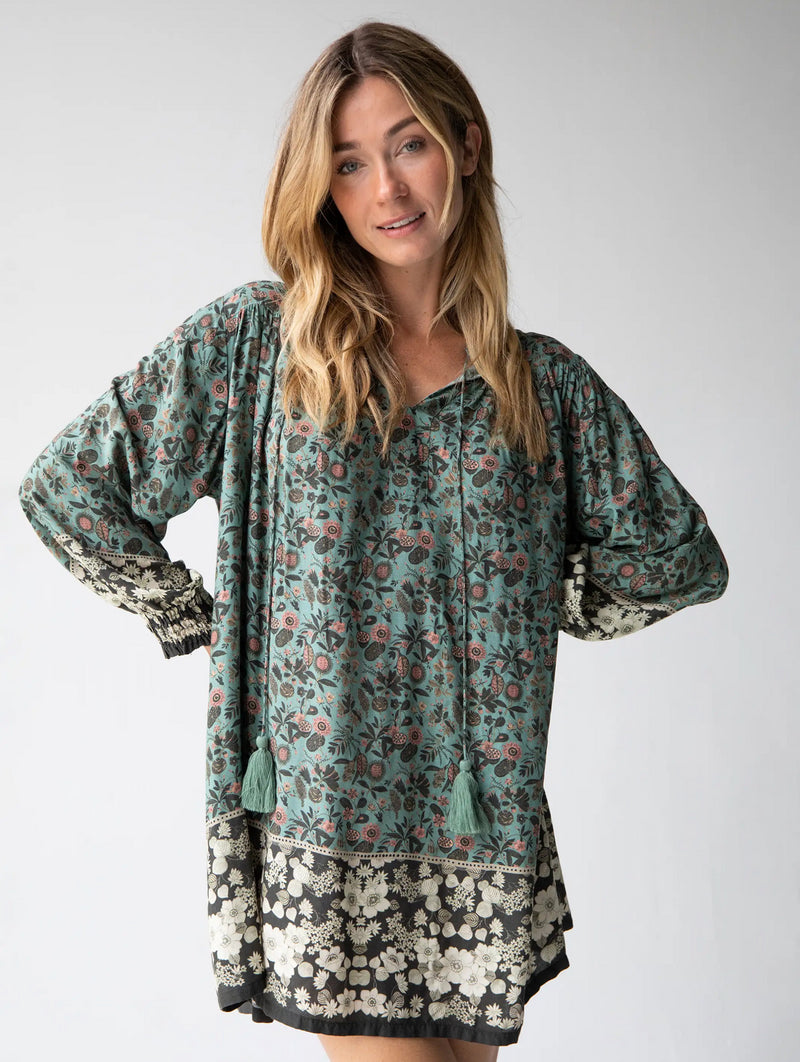 Natural Life Dara V-Neck Tunic Dress - Sage Black Floral Border