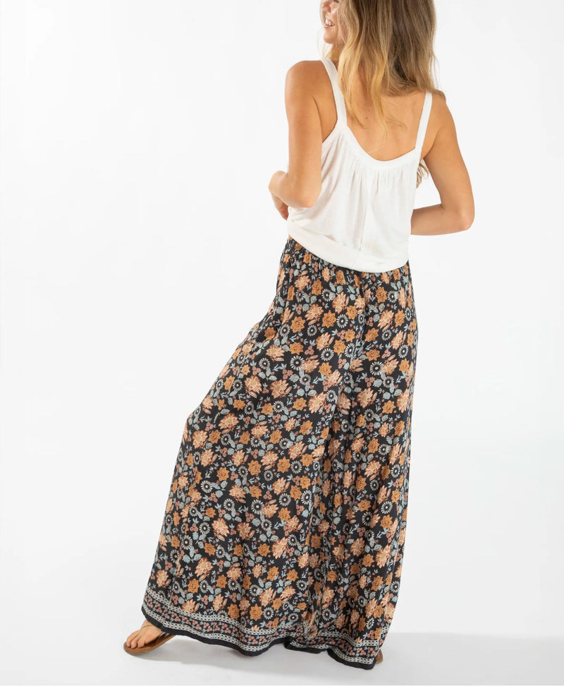 Natural Life Go With The Flow Wide Leg Pant - Charcoal Light Blue Floral Border