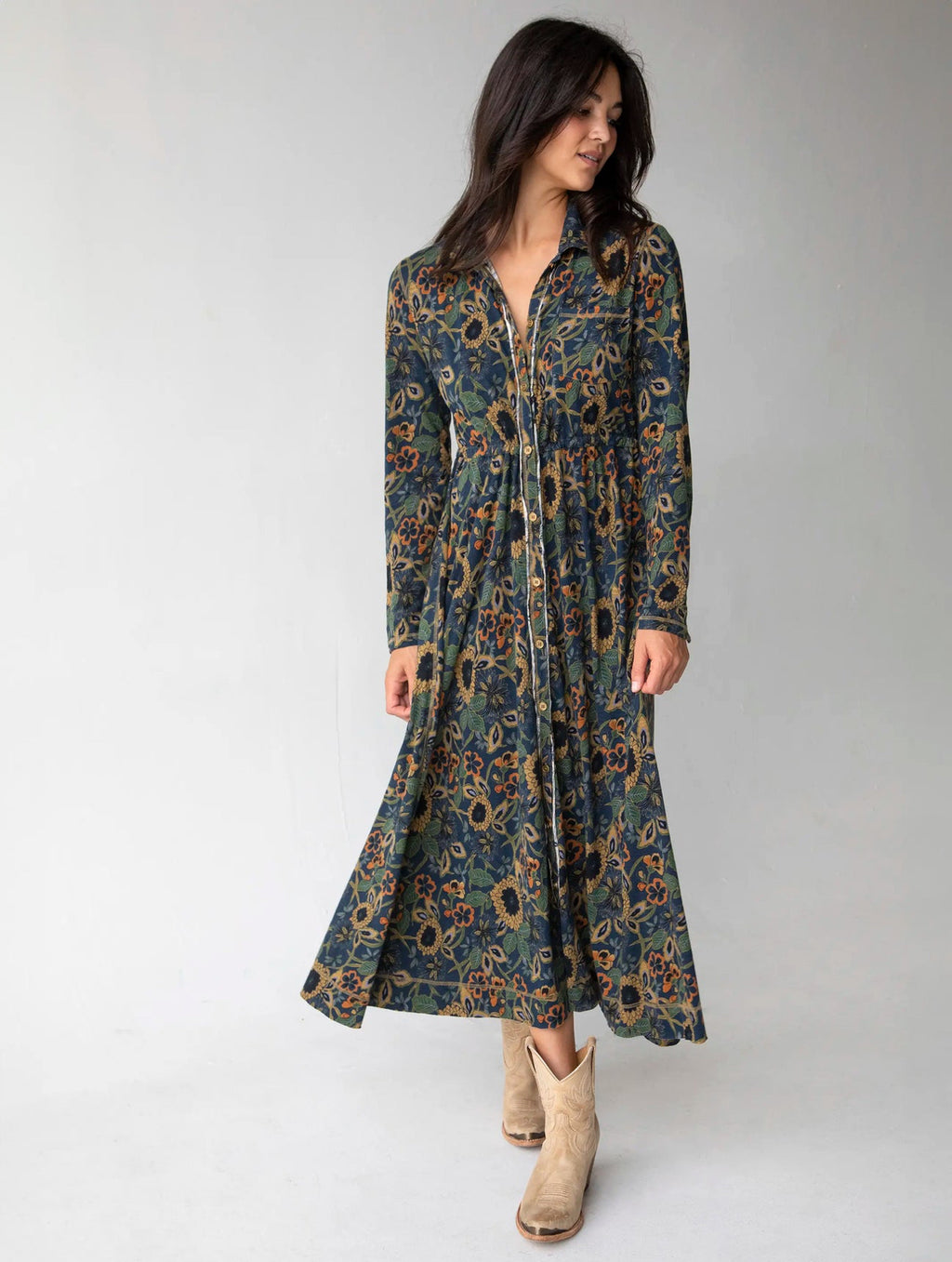 Natural Life Christa Cotton Midi Dress - Navy Tan Dahlias