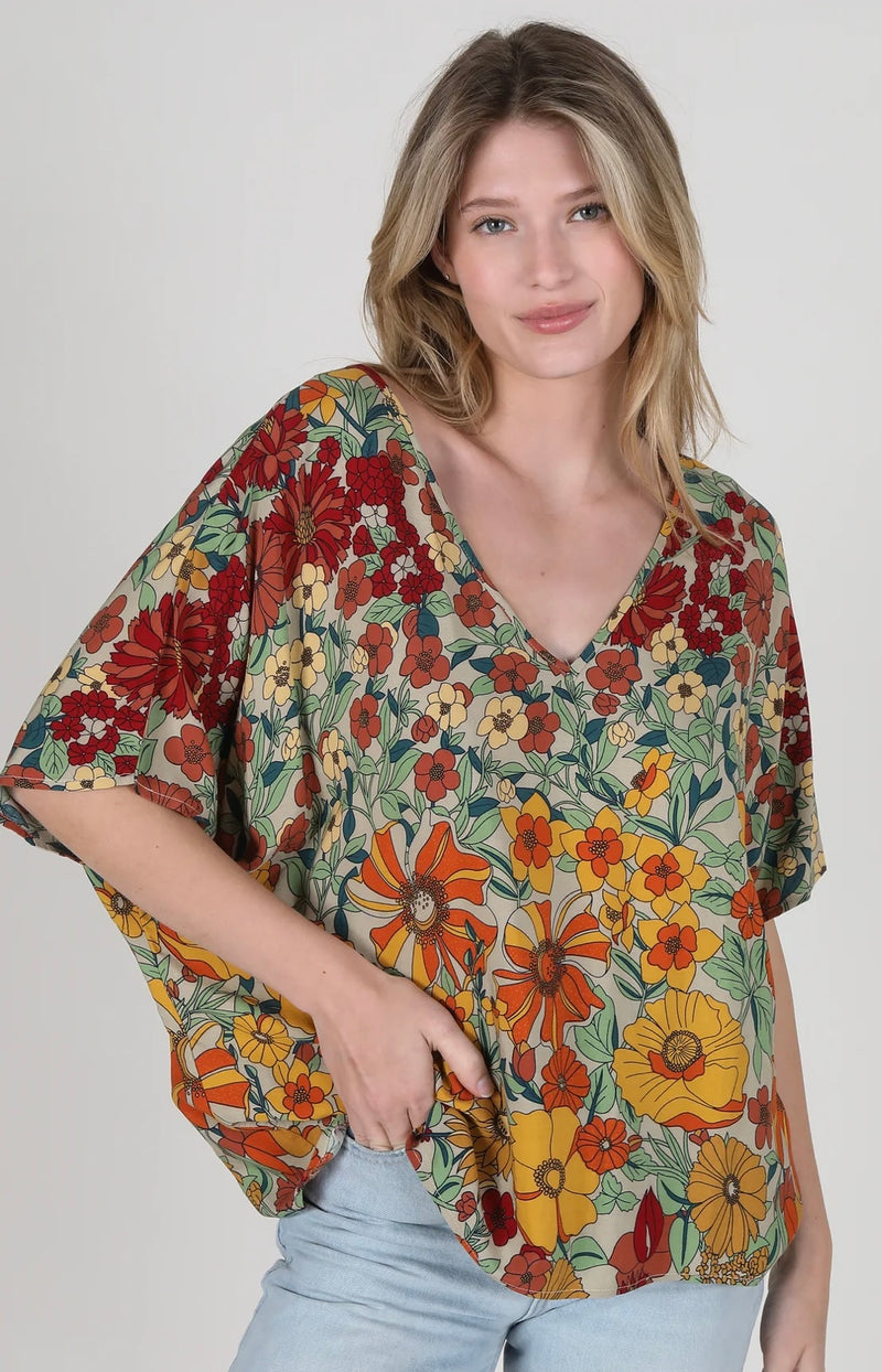 Natural Life Easy V-Neck Top - Gold Vintage Floral