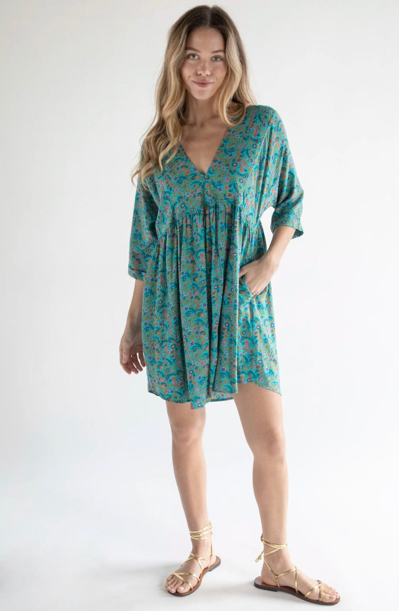 Natural Life Stella V-Neck Dress - Turquoise Ditsy Vines