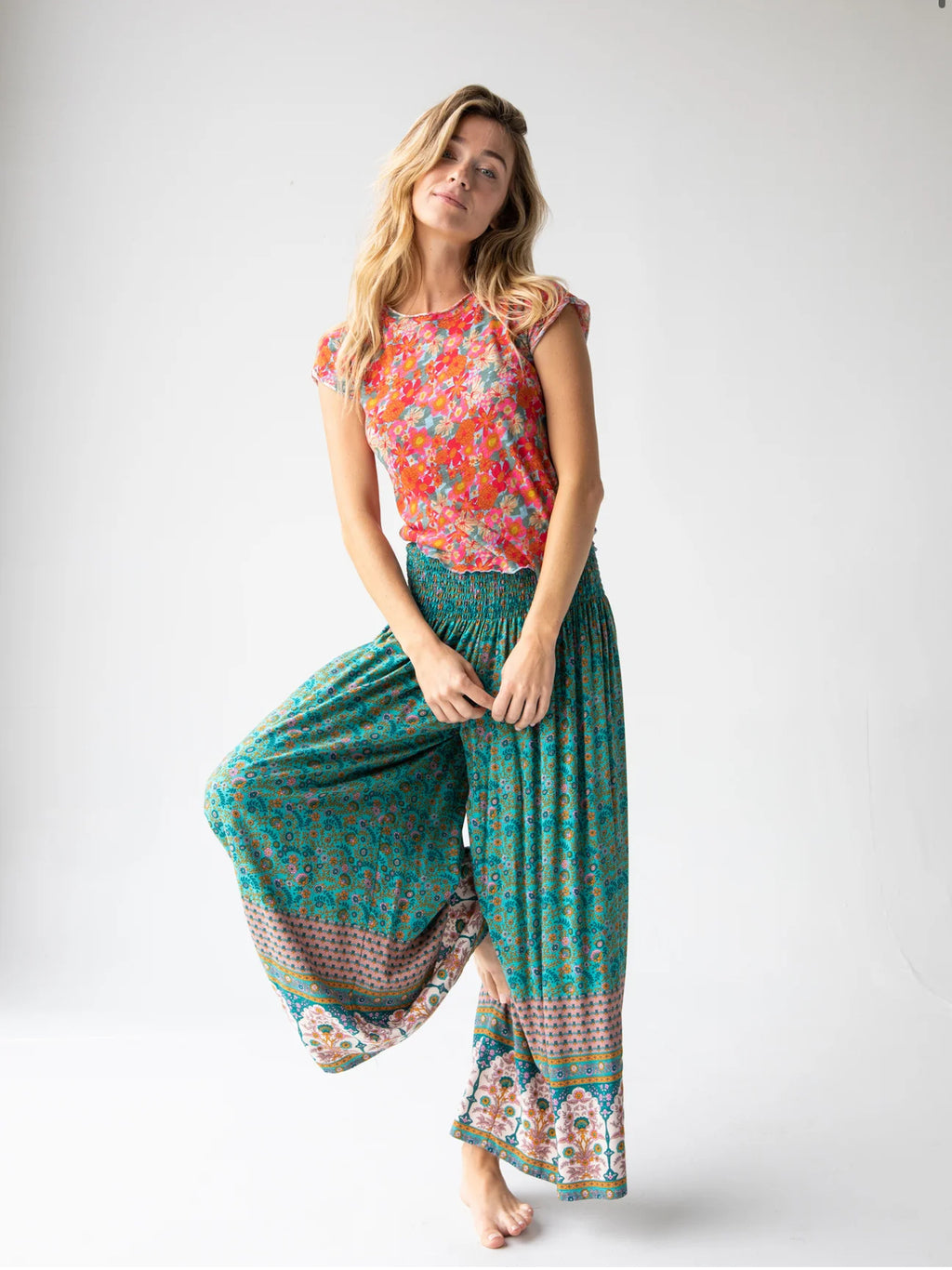 Natural Life Make A Move Wide-Leg Palazzo Pant - Turquoise Cream Border