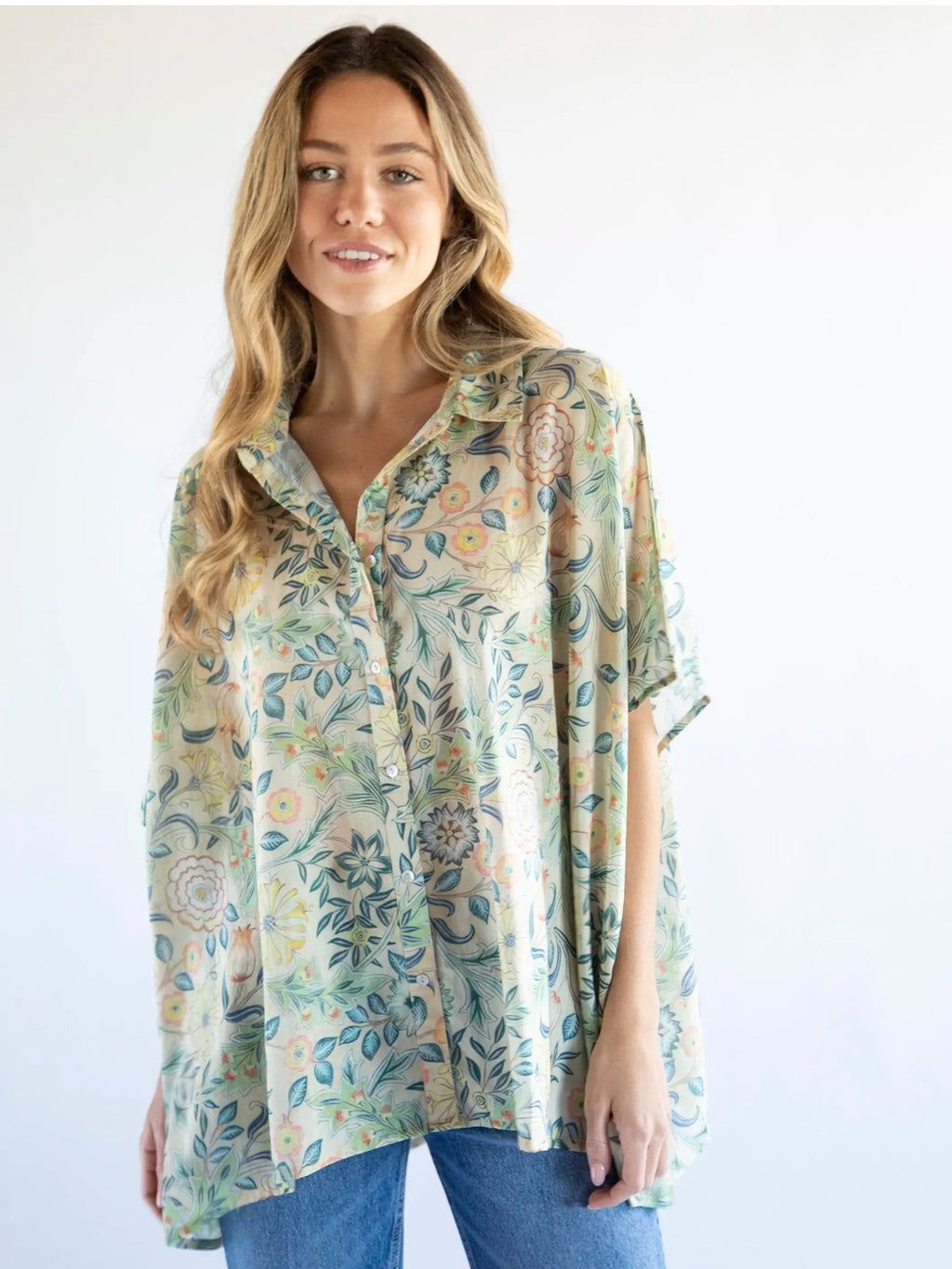 Natural Life Kelly Oversized Cotton Button Down - Cream Blue Leaves