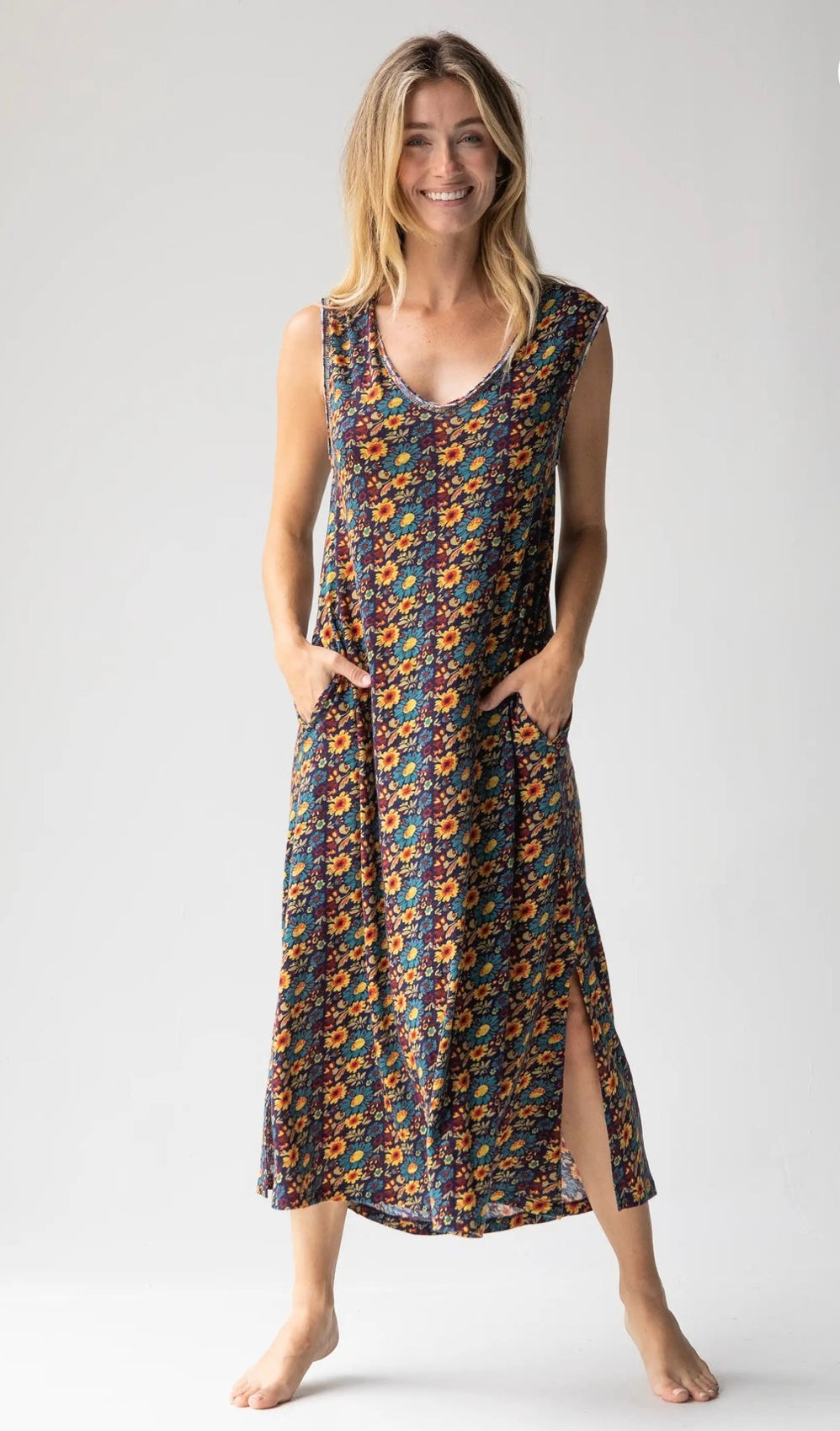 Natural Life Hangout Knit Midi Dress - Navy Olive Floral