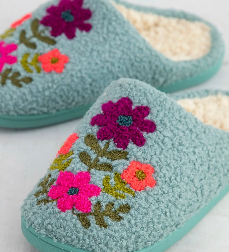 Natural Life Icon Sherpa Slippers - Dusty Blue Folk Flower