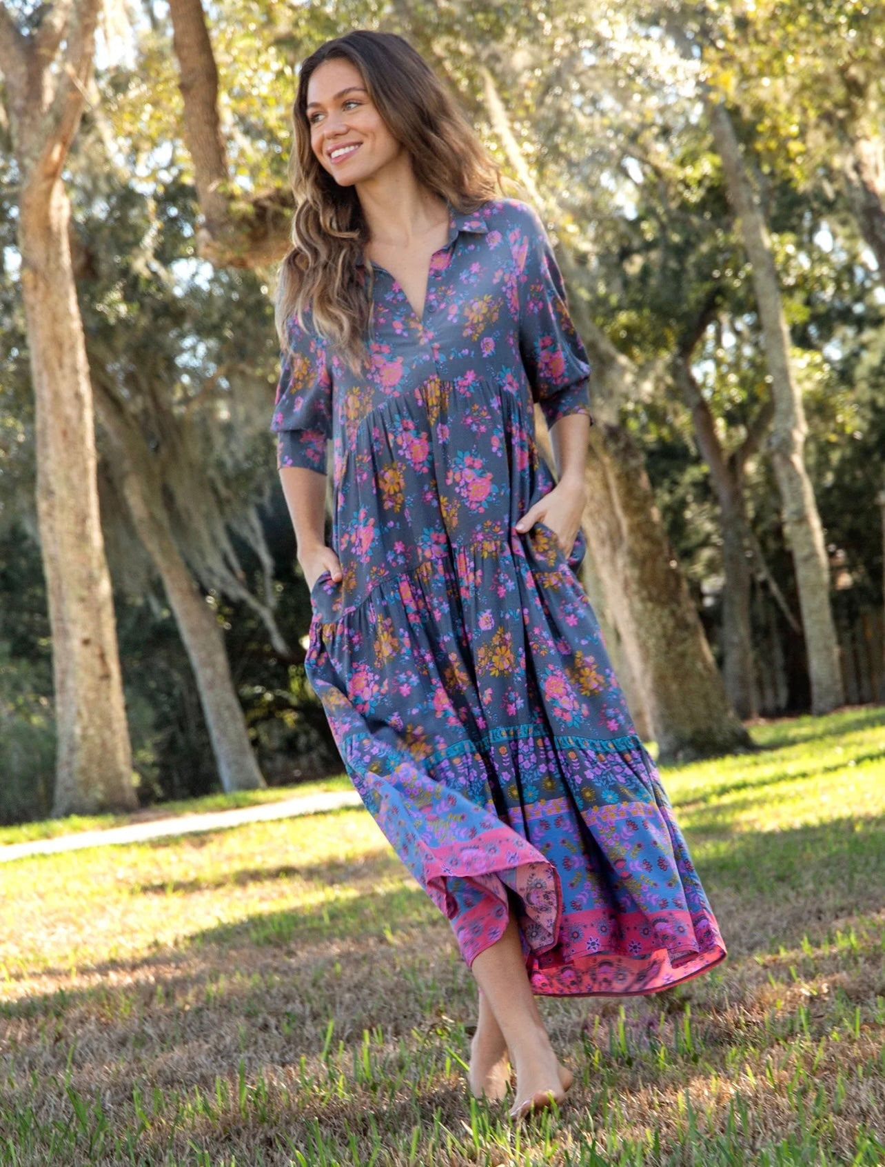 Natural Life Rebecca Midi Dress - Charcoal Blue Border – Anne-Paige