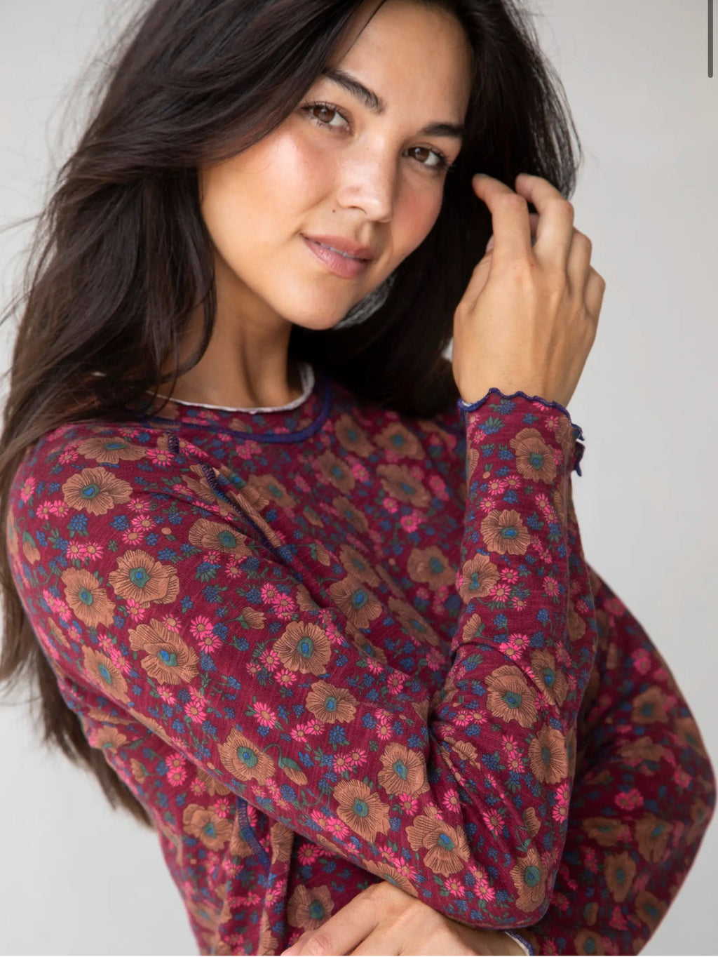 Natural Life Lily Knit Cotton Long Sleeve Tee Shirt - Cranberry Brown Floral