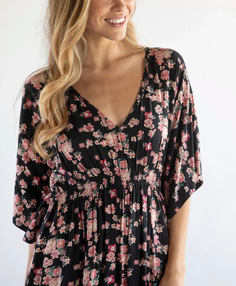 Natural Life Sanibel Kaftan Dress - Black Light Pink Floral