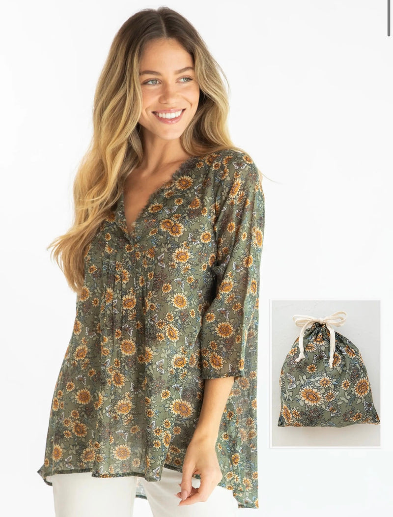 Natural Life Cotton Tunic-In-A-Bag - Green Sunflower Butterflies