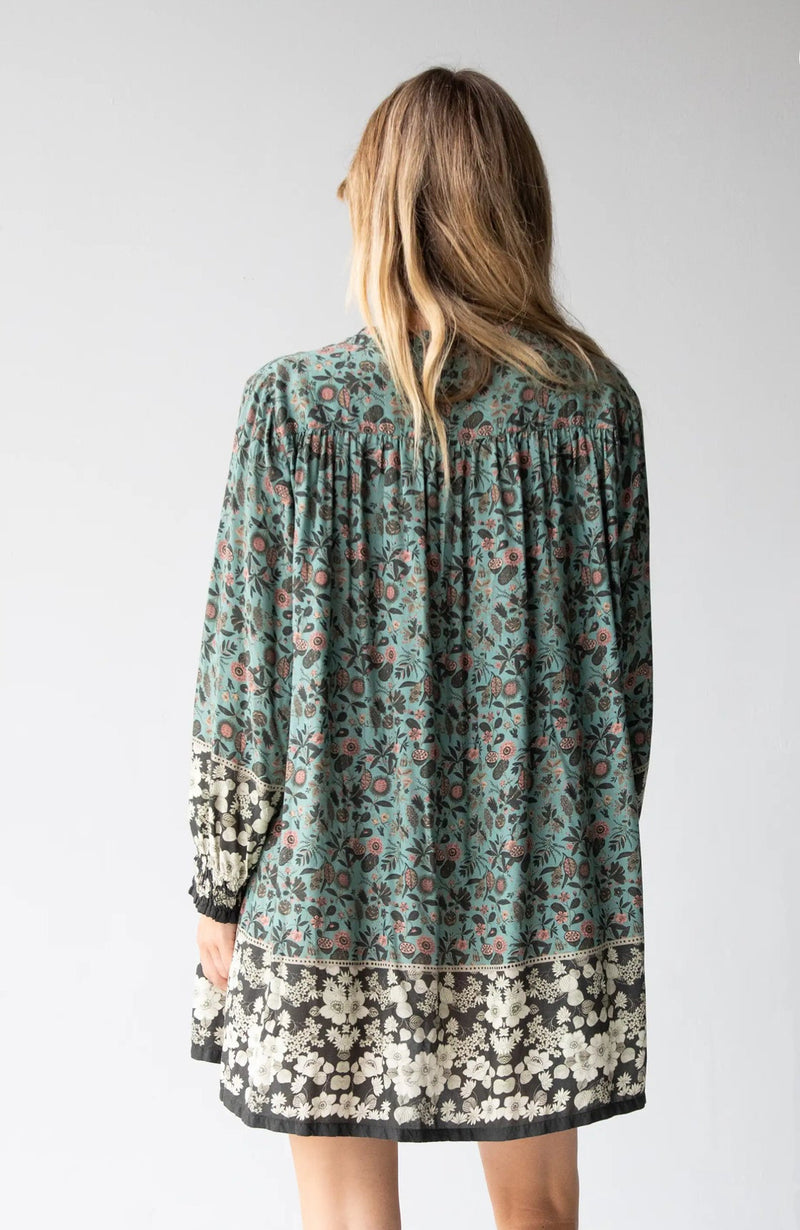 Natural Life Dara V-Neck Tunic Dress - Sage Black Floral Border