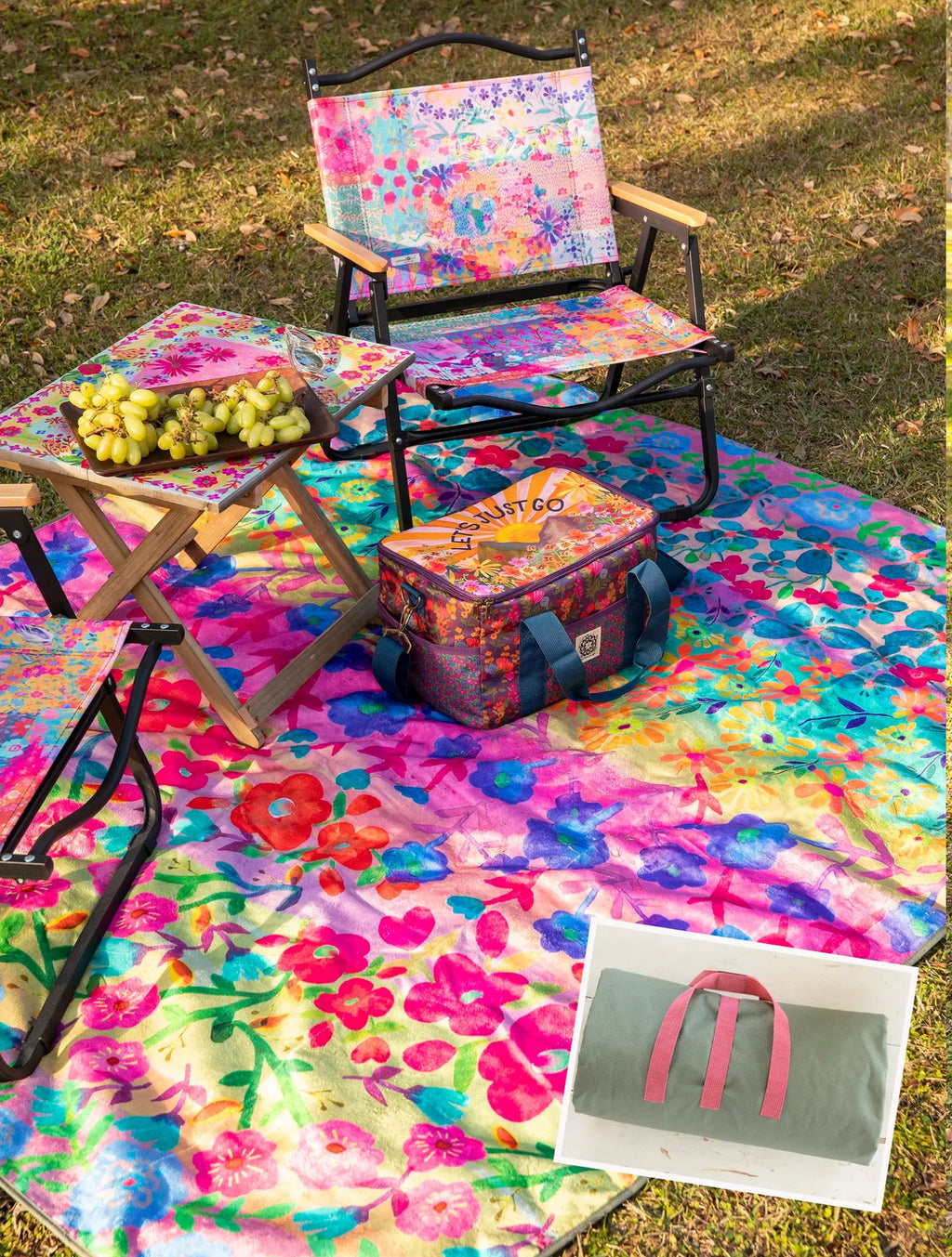 Natural Life XL Water Resistant Picnic Blanket - Rainbow Floral Rows