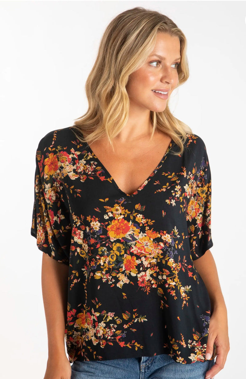 Natural Life Easy V-Neck Top - Navy Red Bouquets