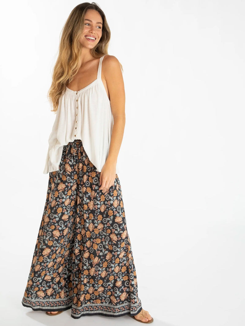 Natural Life Go With The Flow Wide Leg Pant - Charcoal Light Blue Floral Border