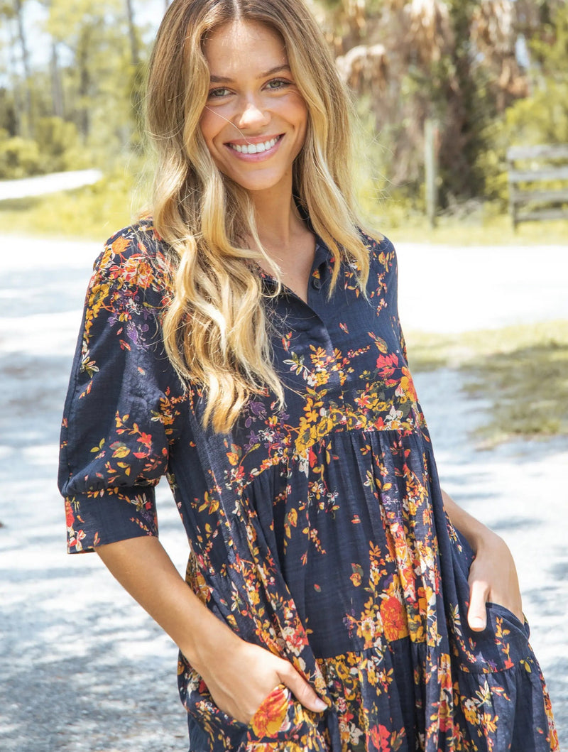 Natural Life Rebecca Midi Dress - Navy Red Bouquet