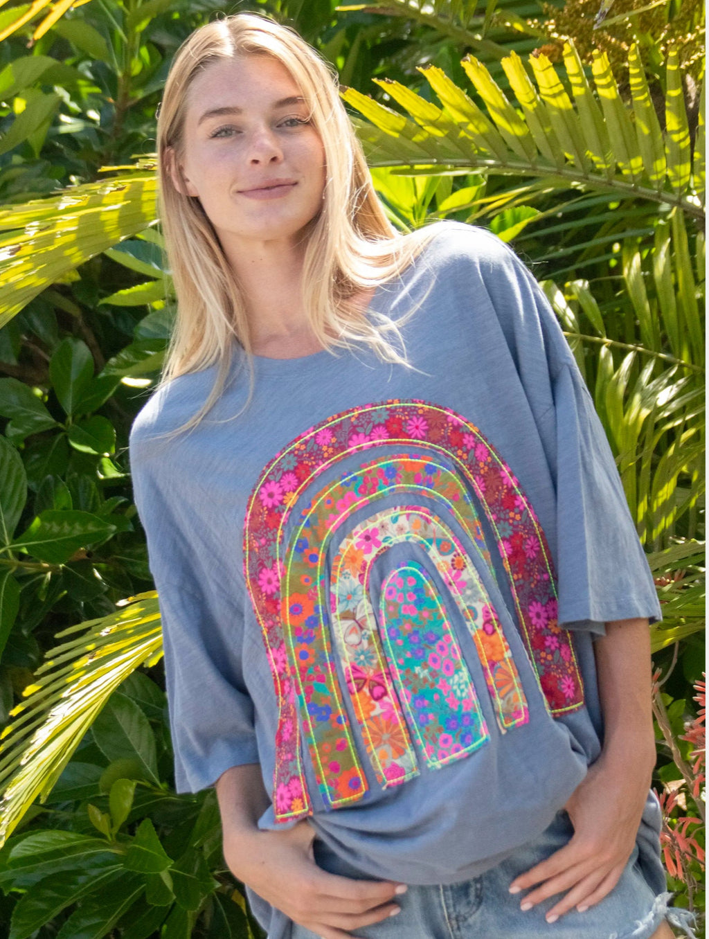 Natural Life Oversized Applique Tee - Blue Rainbow