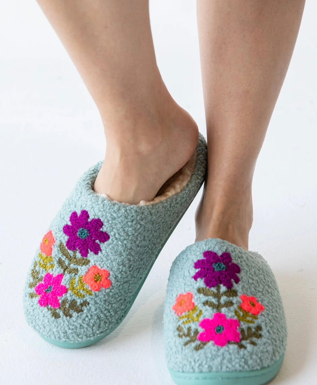 Natural Life Icon Sherpa Slippers - Dusty Blue Folk Flower