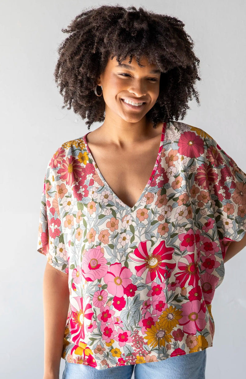 Natural Life Easy V-Neck Top - Pink Mustard Floral