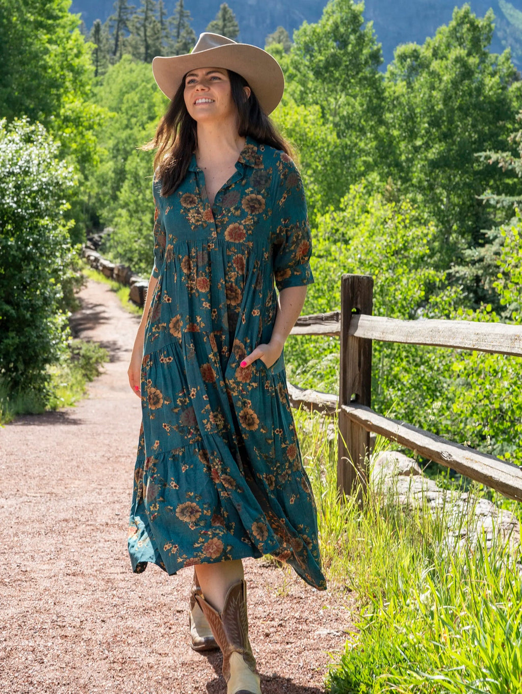 Natural Life Rebecca Midi Dress - Teal Orange Clusters