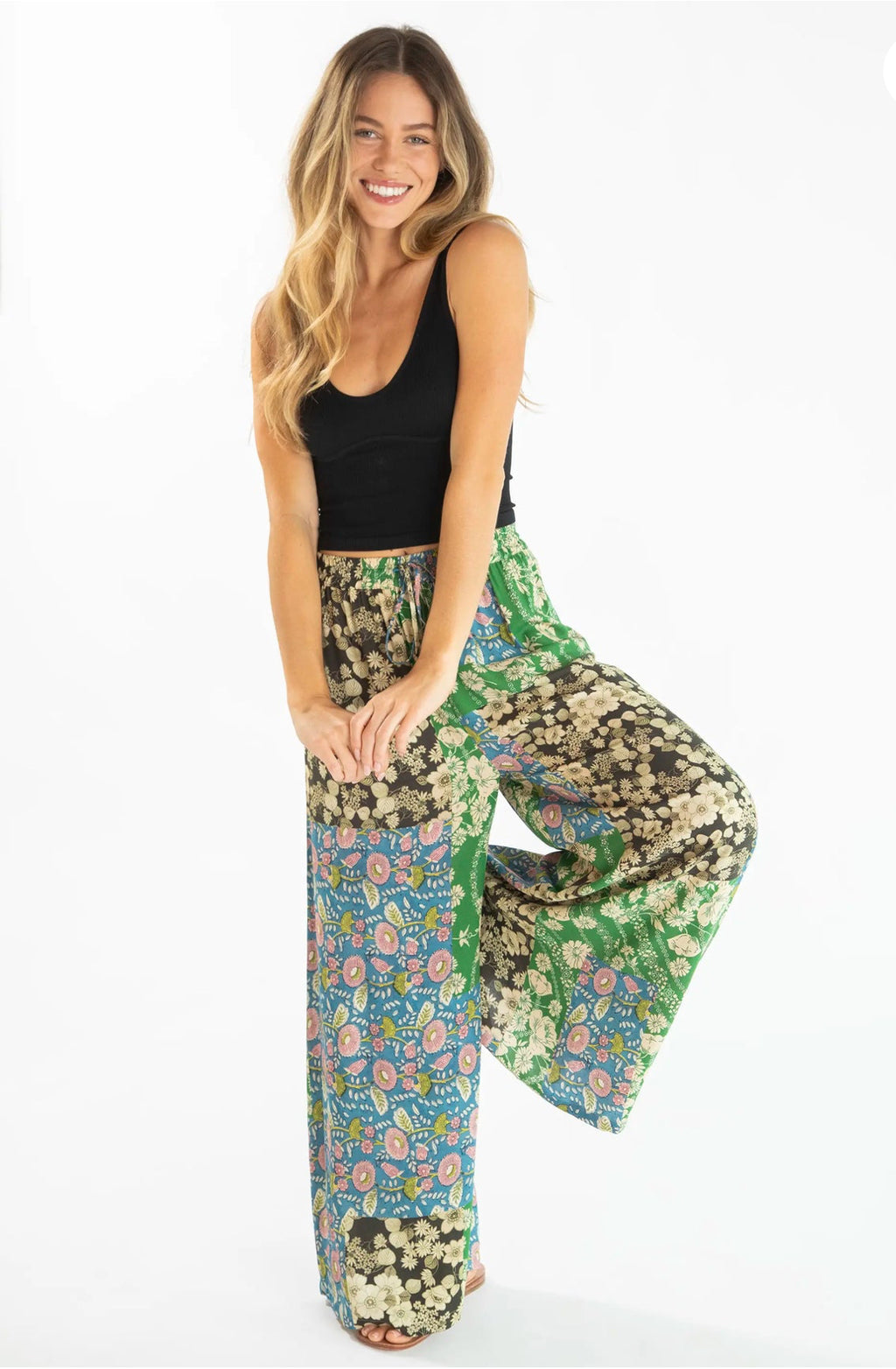 Natural Life Go With The Flow Wide Leg Pant - Green Black Blue Mixed Floral