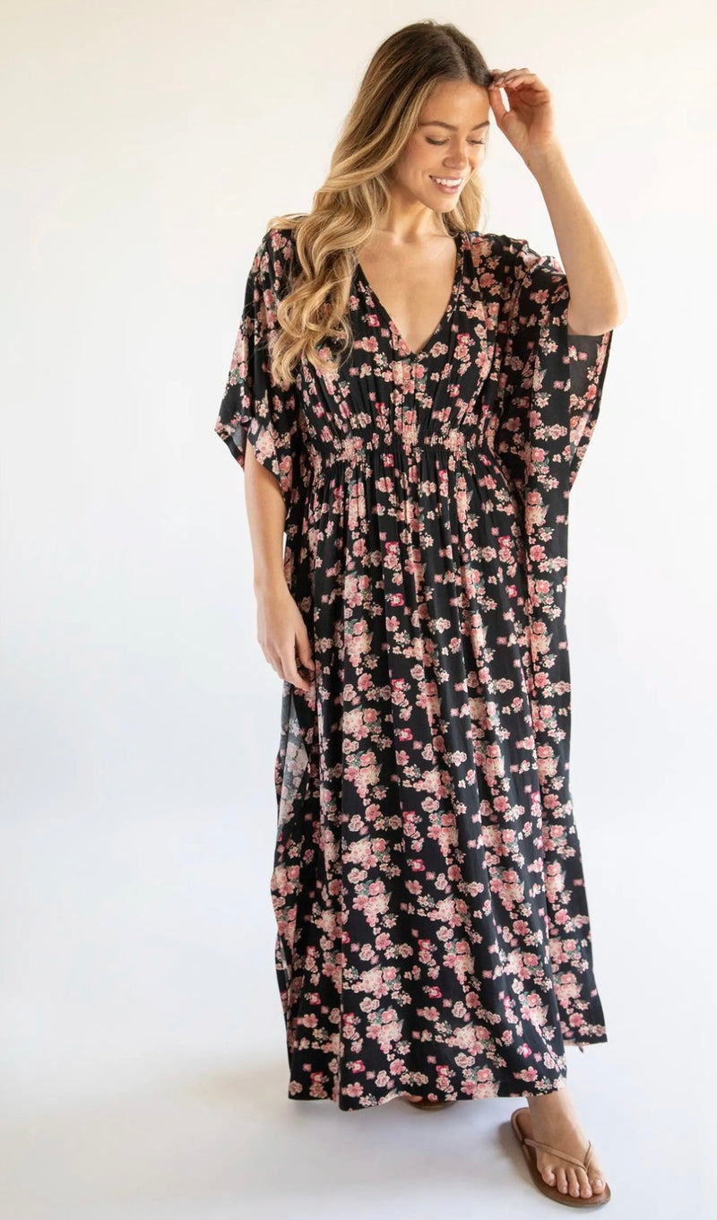 Natural Life Sanibel Kaftan Dress - Black Light Pink Floral