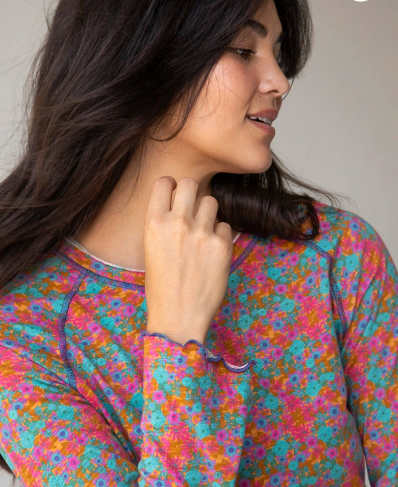 Natural Life Lily Knit Cotton Long Sleeve Tee Shirt - Turquoise Pink Purple Floral