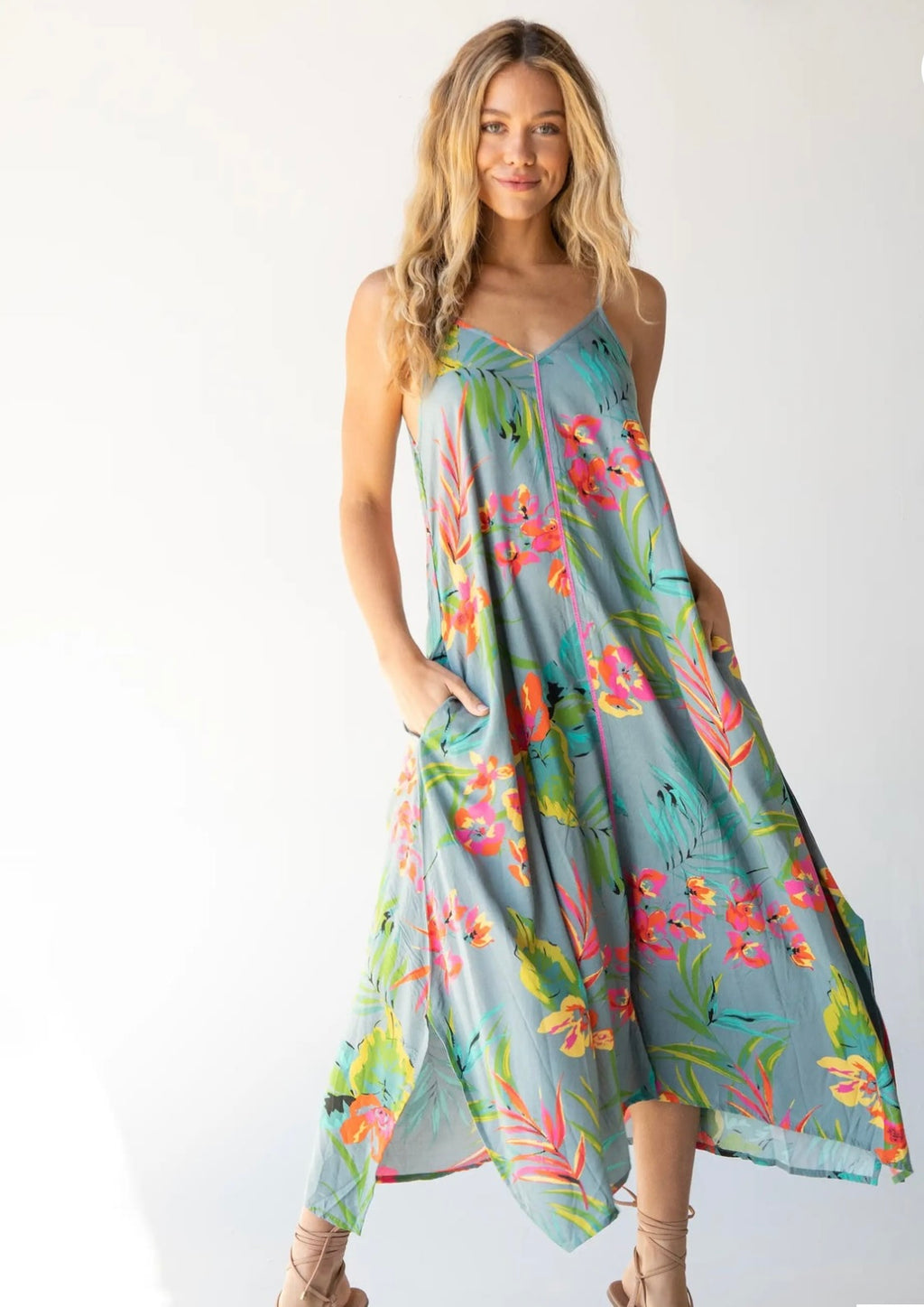 Natural Life Katrina Midi Slip Dress - Light Blue Neon Floral