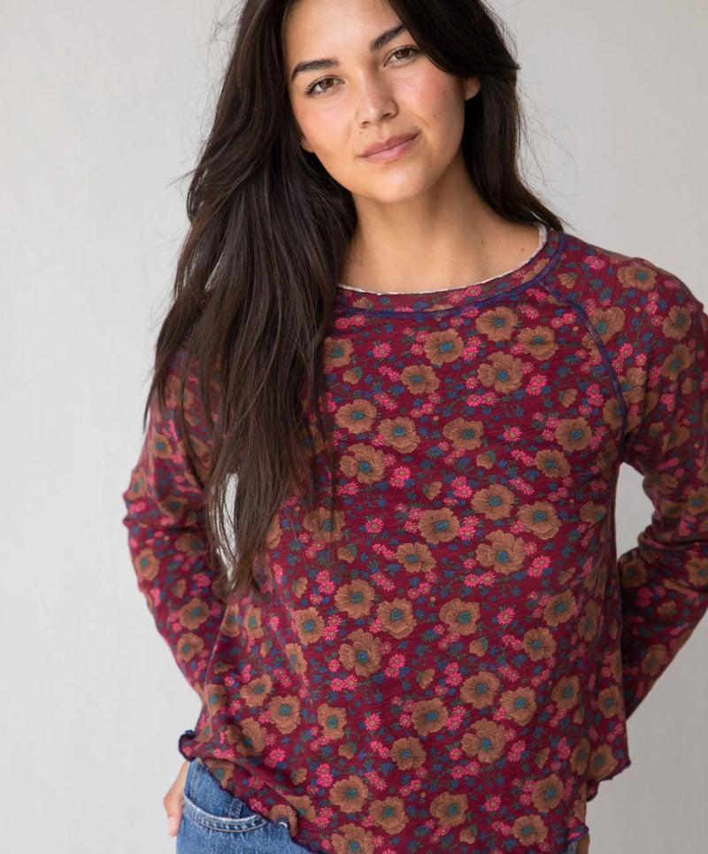 Natural Life Lily Knit Cotton Long Sleeve Tee Shirt - Cranberry Brown Floral