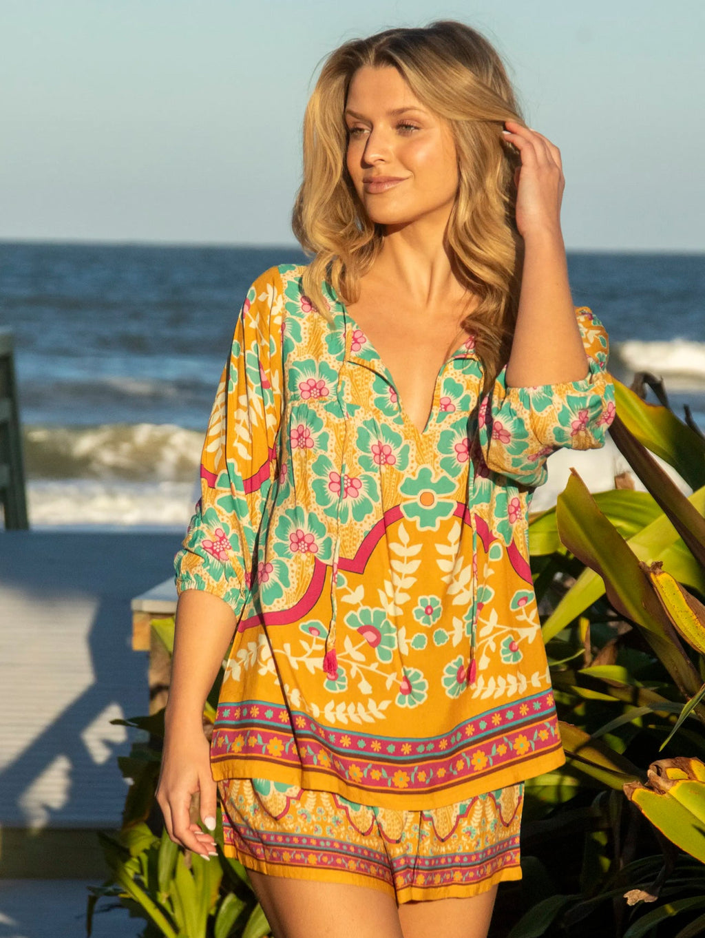 Natural Life Maribel Top - Mustard Turquoise Floral