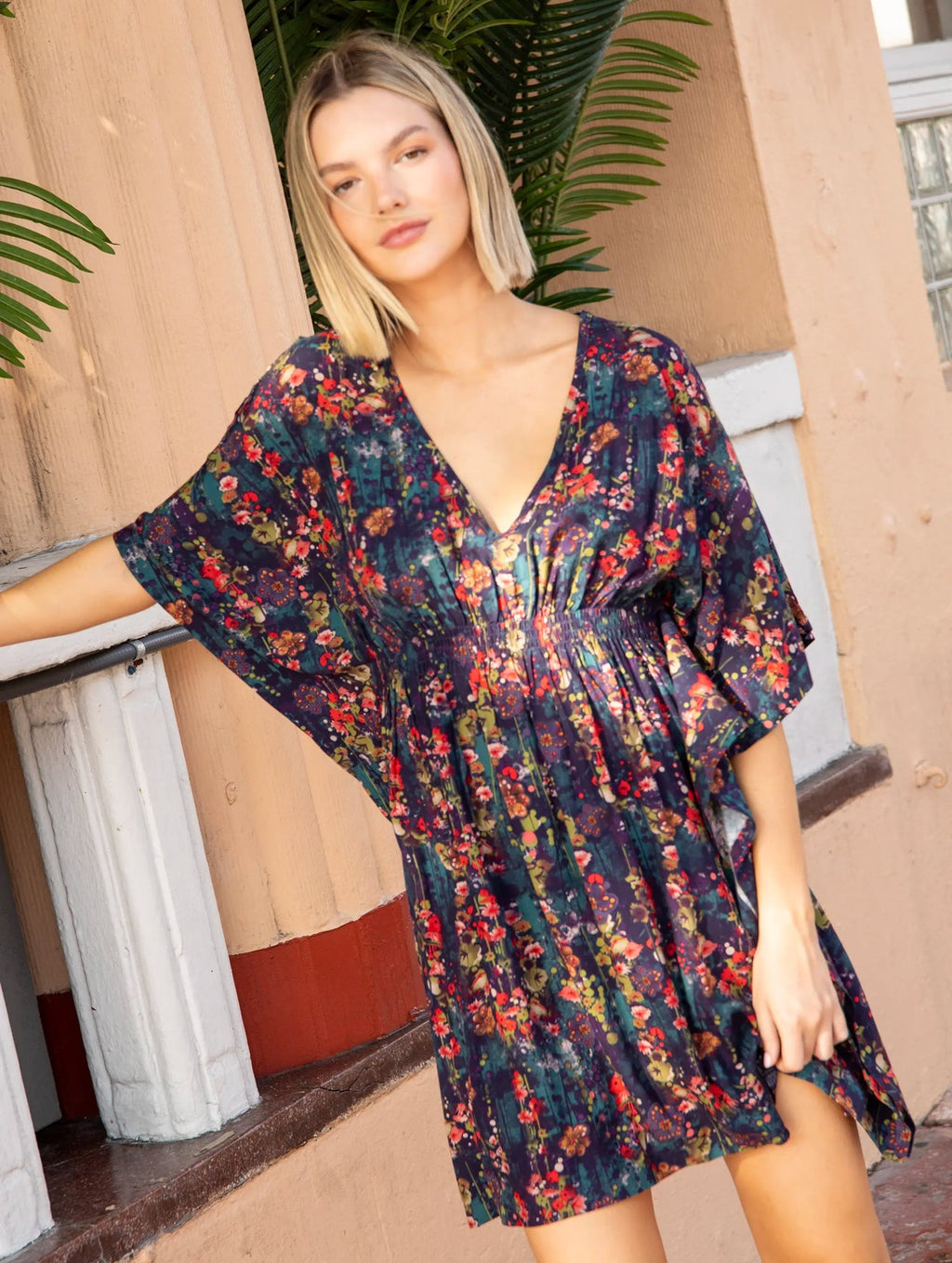 Natural Life Sanibel Kaftan Mini Dress - Watercolor Indigo Floral