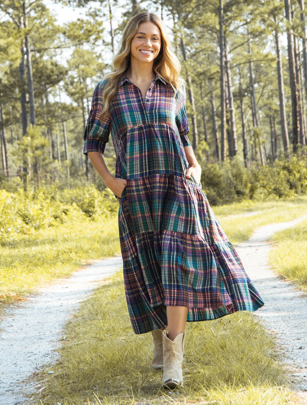 Natural Life Flannel Rebecca Midi Dress - Rainbow Plaid