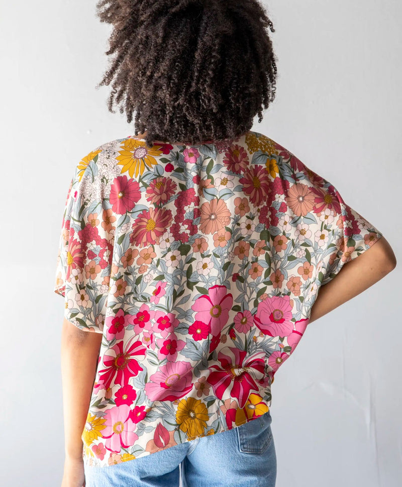 Natural Life Easy V-Neck Top - Pink Mustard Floral