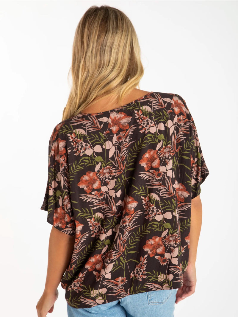 Natural Life Easy V-Neck Top - Brown Orange Hibiscus