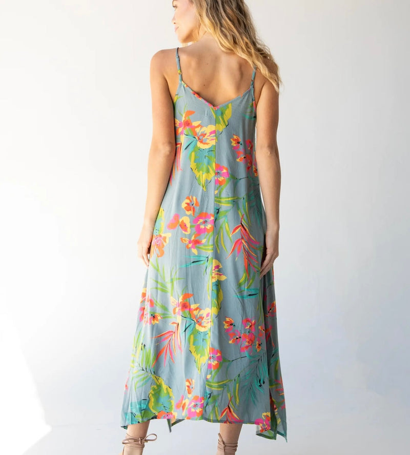 Natural Life Katrina Midi Slip Dress - Light Blue Neon Floral