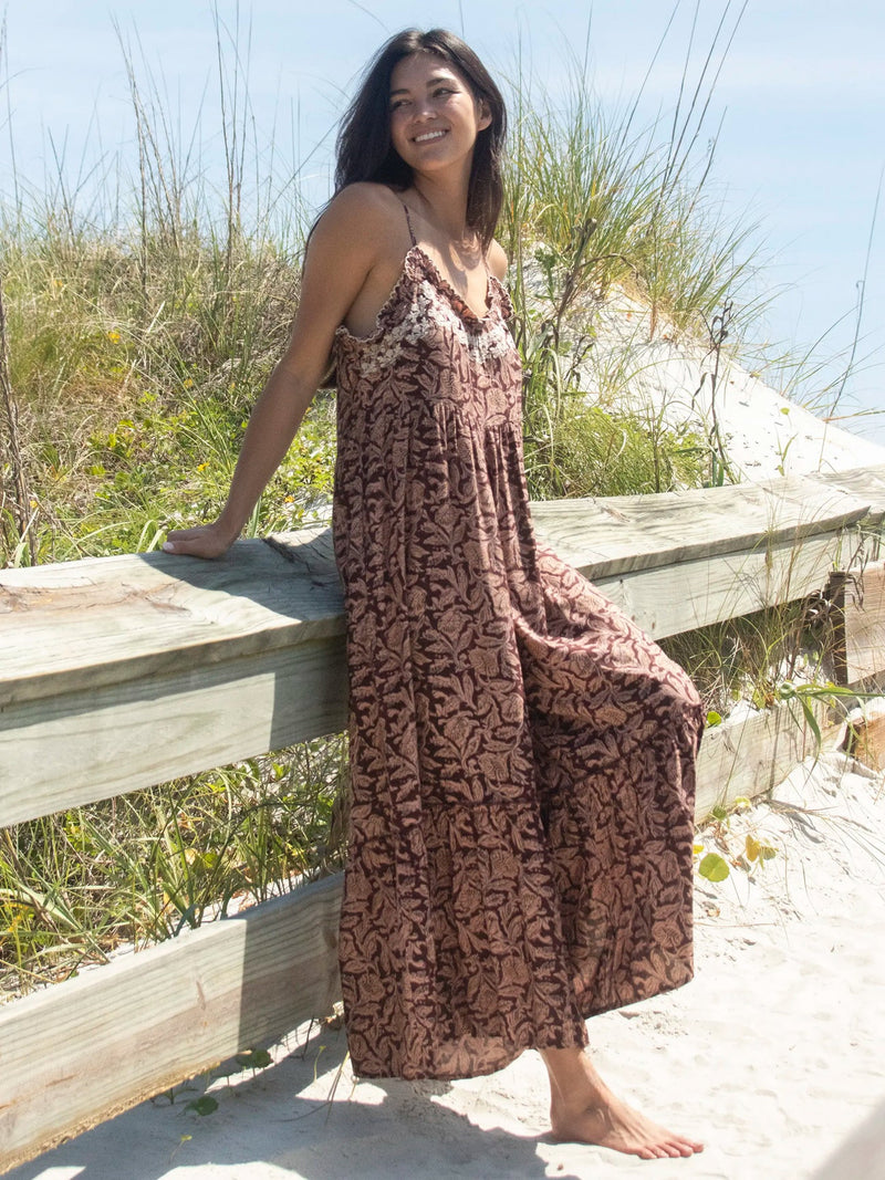 Natural Life Harley Jumpsuit - Brown Floral Vines