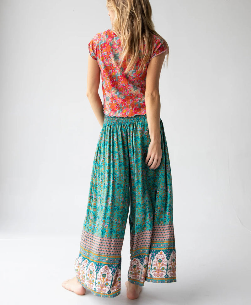 Natural Life Make A Move Wide-Leg Palazzo Pant - Turquoise Cream Border