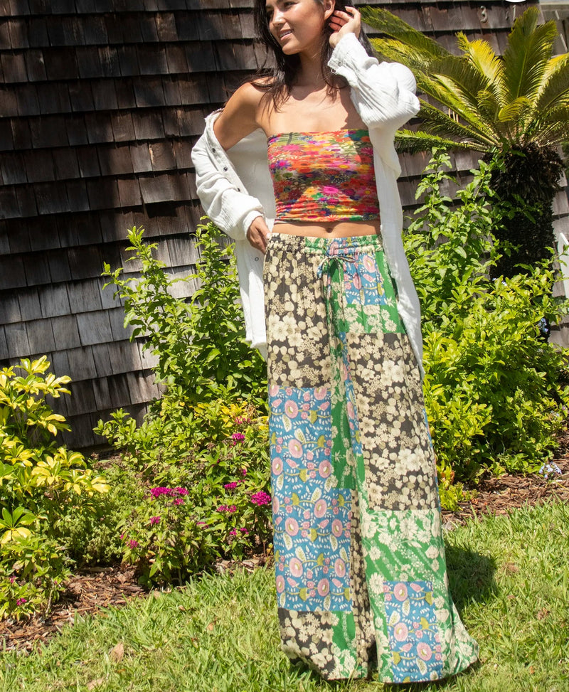 Natural Life Go With The Flow Wide Leg Pant - Green Black Blue Mixed Floral