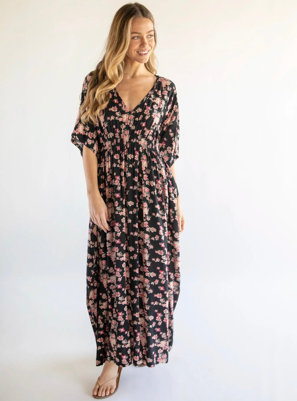 Natural Life Sanibel Kaftan Dress - Black Light Pink Floral