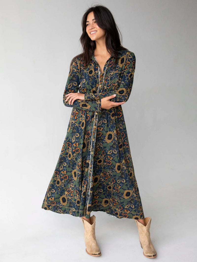 Natural Life Christa Cotton Midi Dress - Navy Tan Dahlias