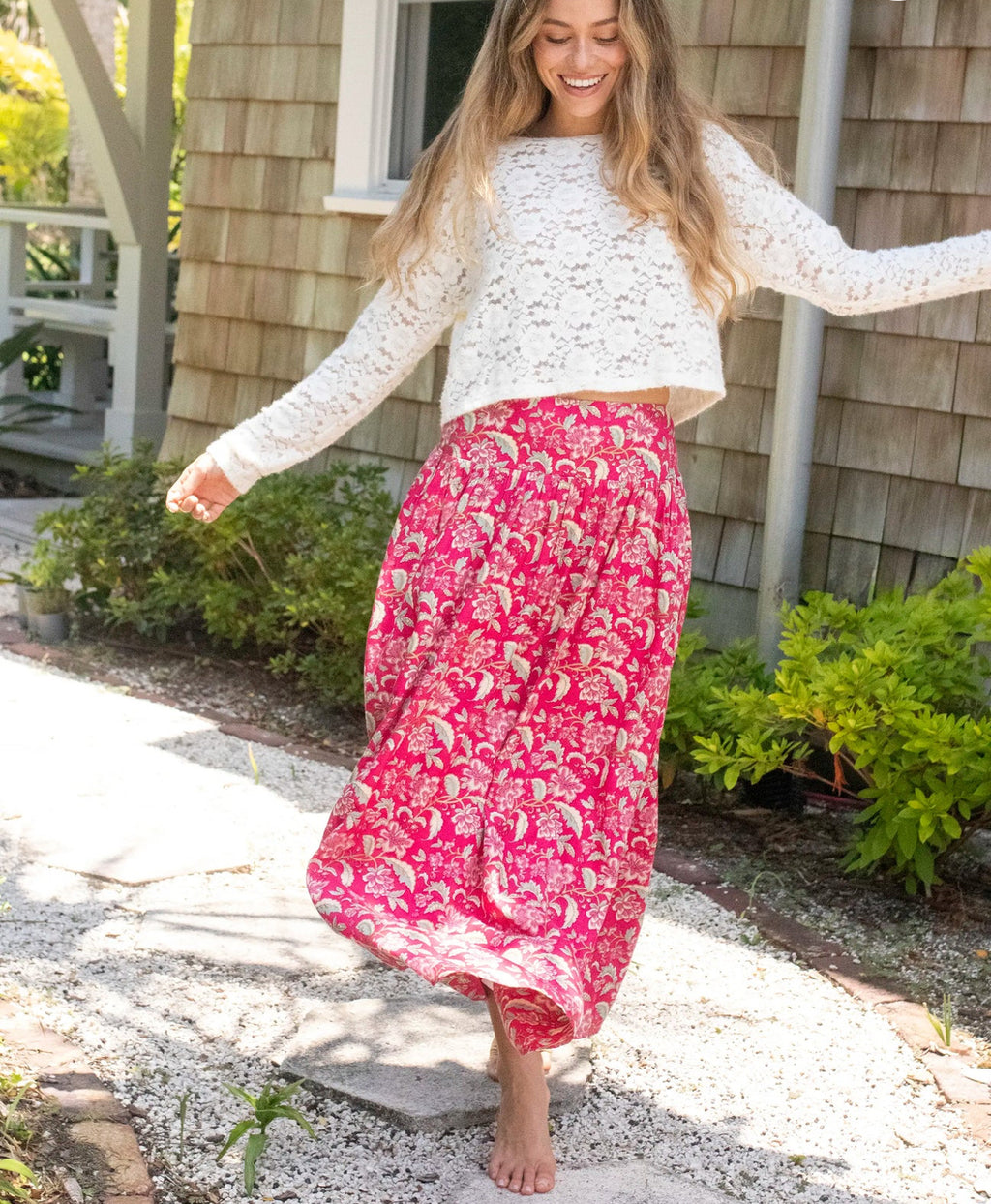 Natural Life Lisa Maxi Skirt - Fuchsia Light Pink Floral