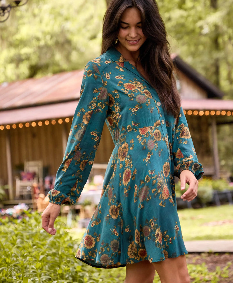 Natural Life Ansley Woven Tunic Shirt Dress - Teal Orange Clusters