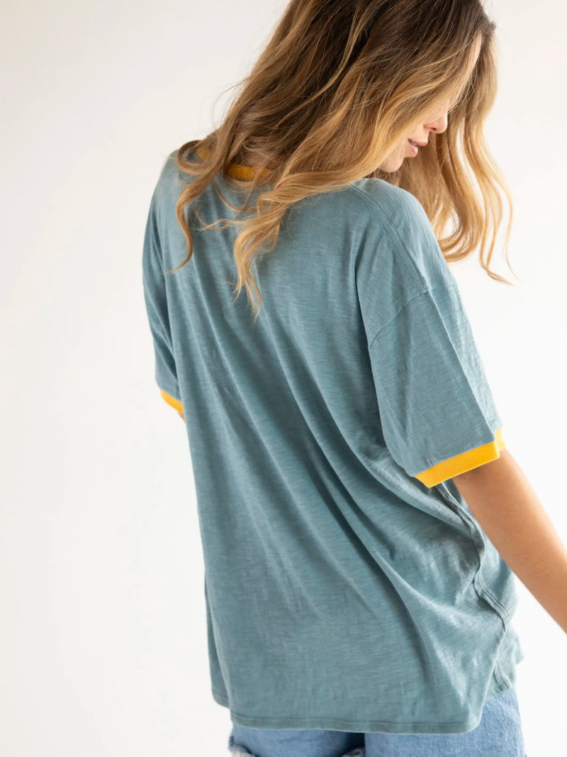 Natural Life Ringer Oversized Tee Shirt - Dusty Blue Smiley