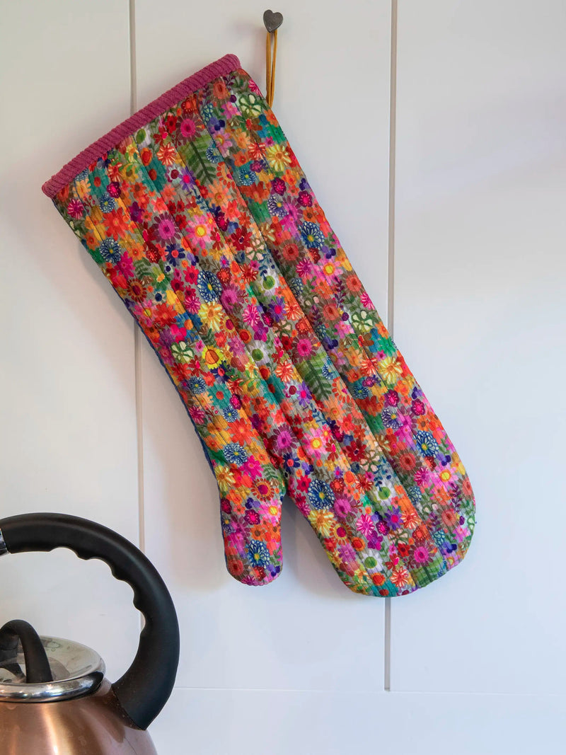 Natural Life Bake Happy Double-Sided Oven Mitt - Blue Folk Flower Patchwork
