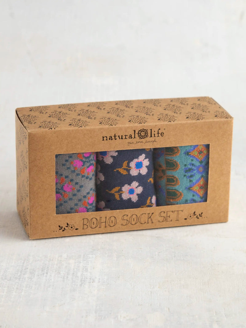 Natural Life Boxed Boho Sock, Set of 3 - Navy Blossom