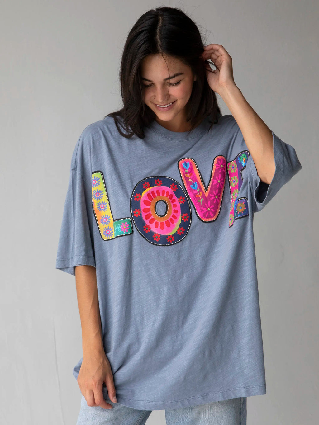 Natural Life Oversized Applique Tee - Dusty Blue Love